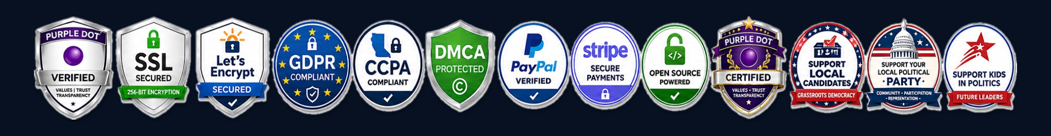 Security, compliance, accessibility, payment, Purple Dot Verified, and Purple Dot Certified trust badges