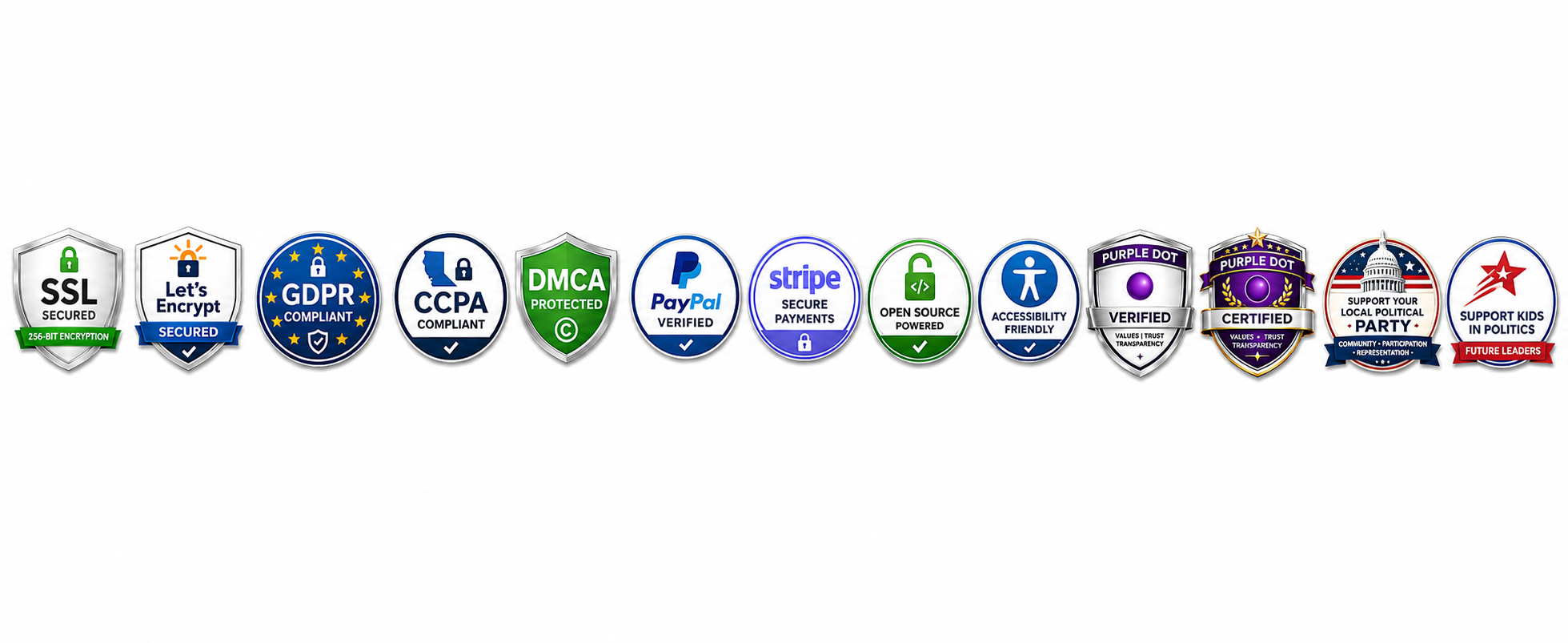 Security, compliance, accessibility, payment, Purple Dot Verified, and Purple Dot Certified trust badges