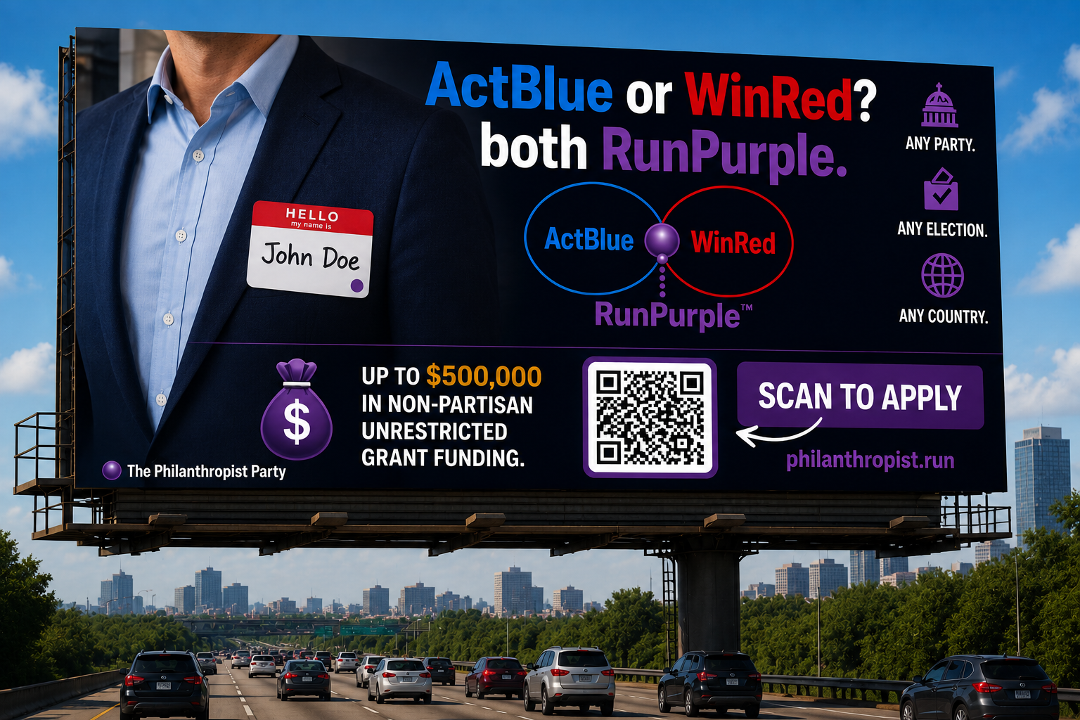 The Philanthropist Party public results and mission billboard